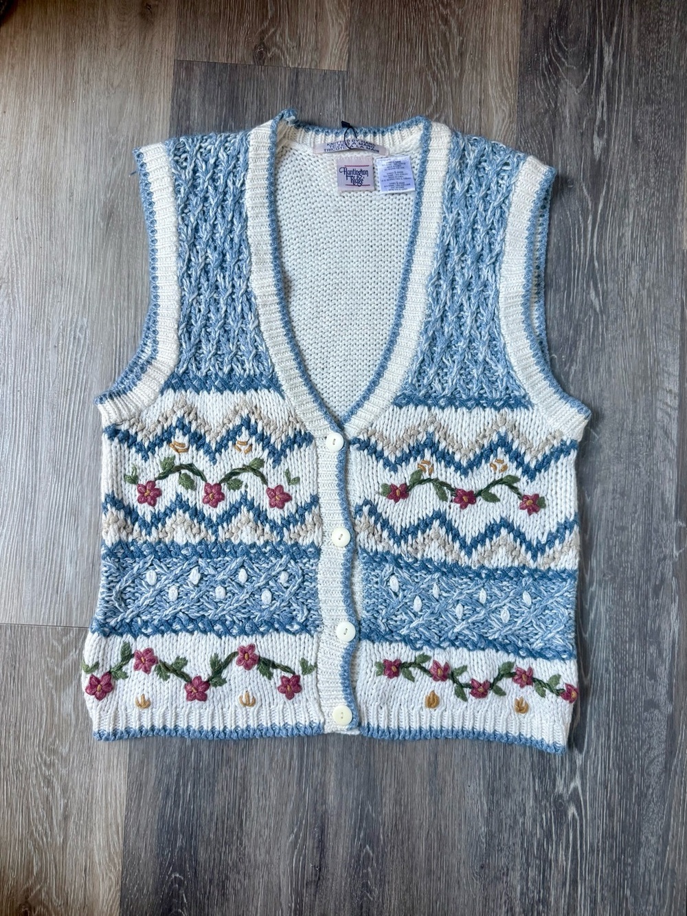 Vintage Hand Knit Blue & Cream Floral Knit Cardigan Vest Cottagecore Size Large